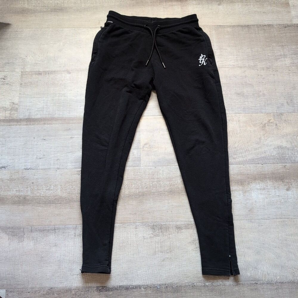 Gymking gym king work out fit pants joggers black reflective run zip ankle S